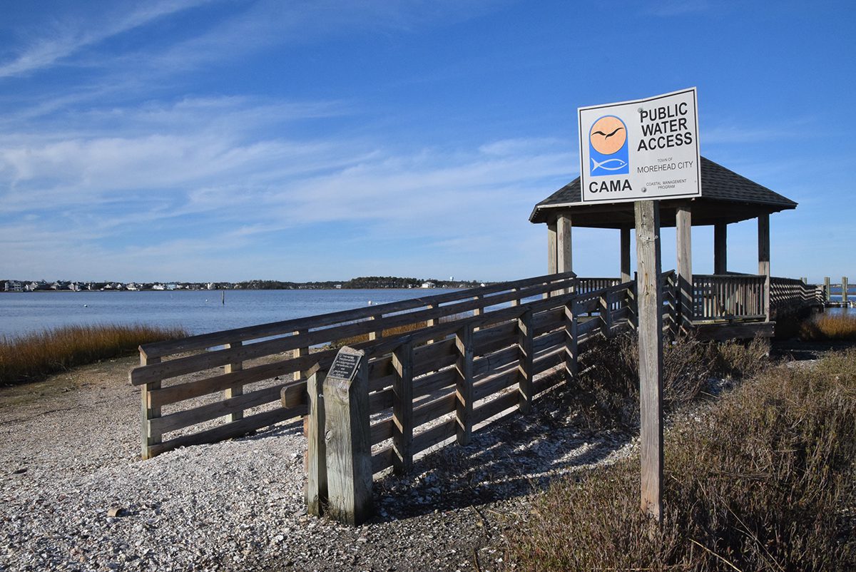 Conchs Point Cpastal Area Management Act public water access on Calico Bay in Morehead City includes a gazebo and floating dock. Photo: Mark Hibbs