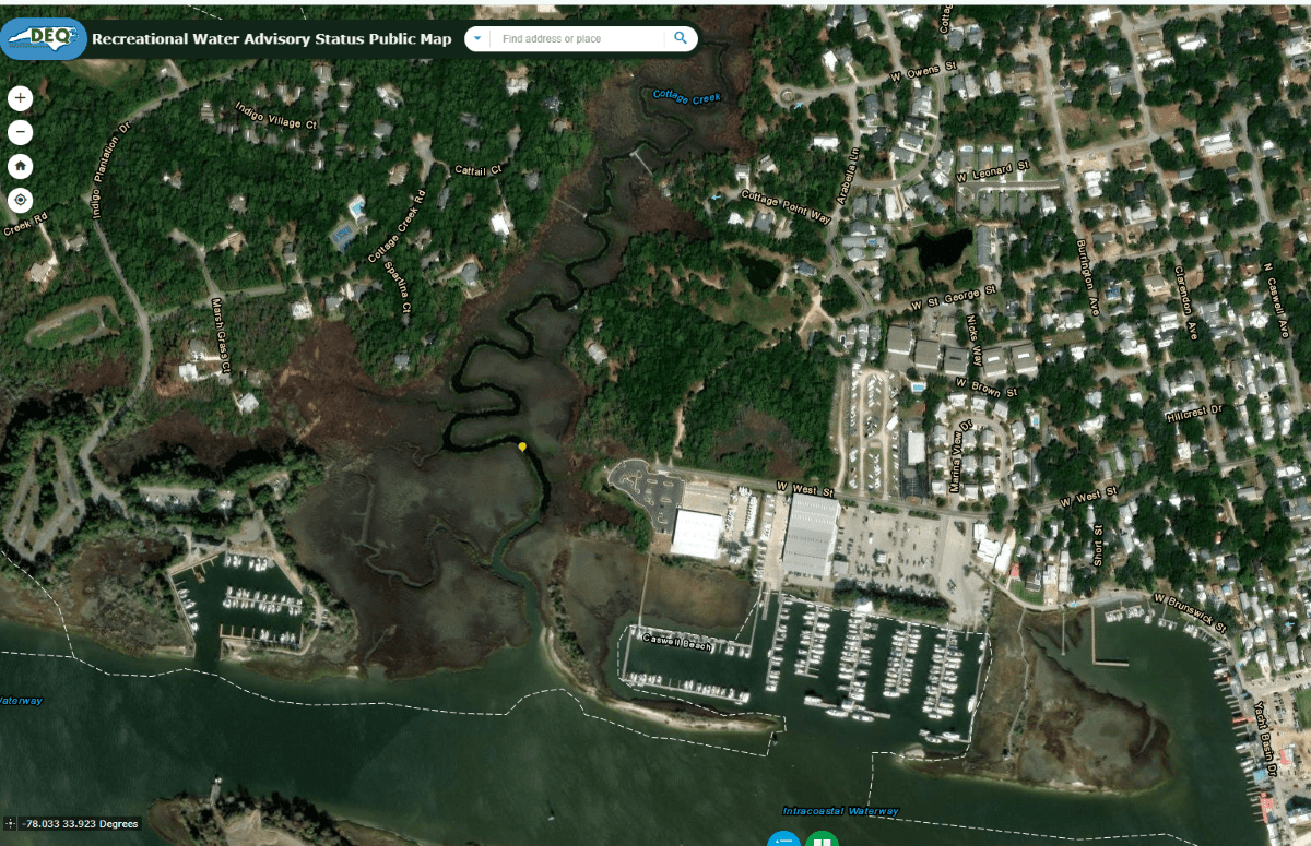 The yellow mark on this Recreational Water Advisory Status Public Map indicates where the W. West Street public kayak launch is located. Map: NCDEQ
